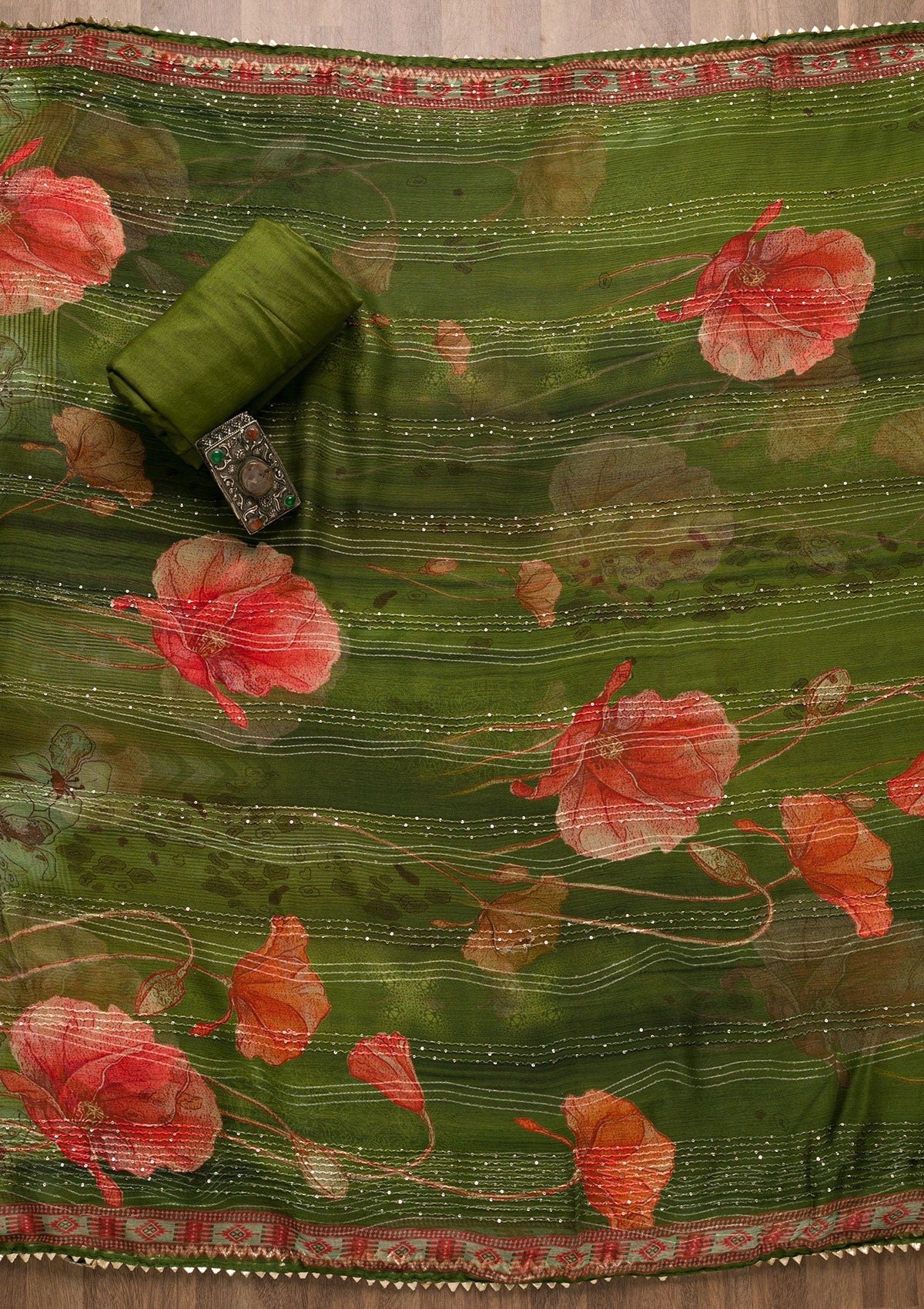 Leaf Green Zariwork Georgette Unstitched Salwar Suit