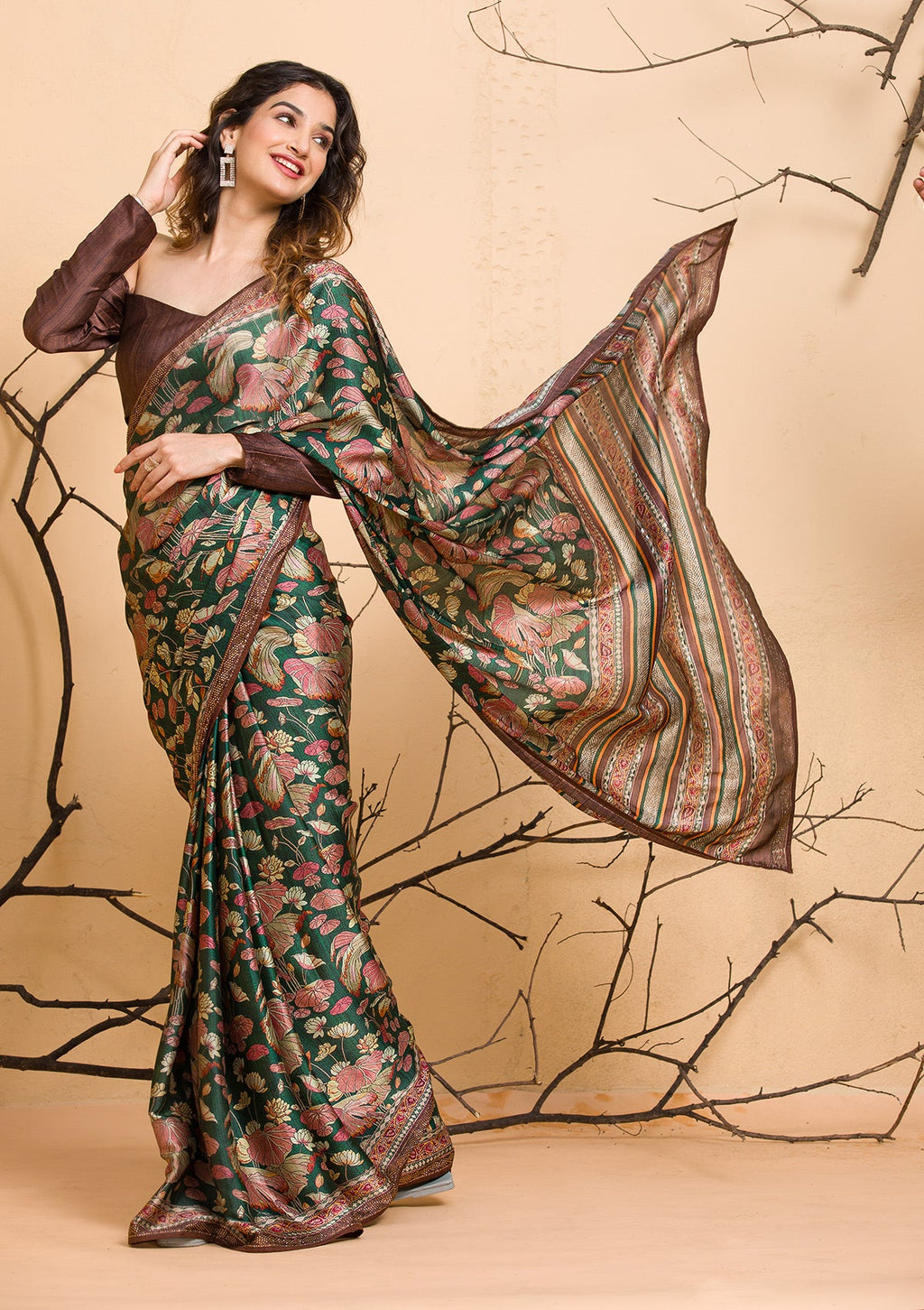 Leaf Green Swarovski Satin Saree