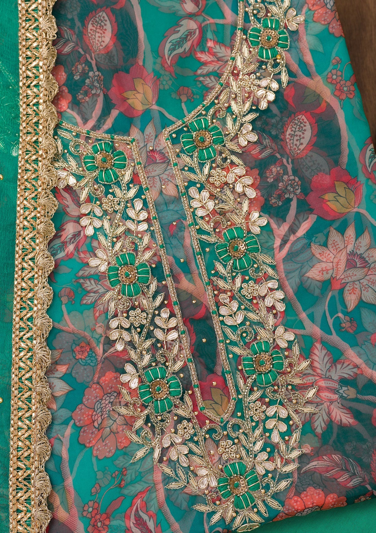 Leaf Green Zariwork Organza Unstitched Salwar Suit
