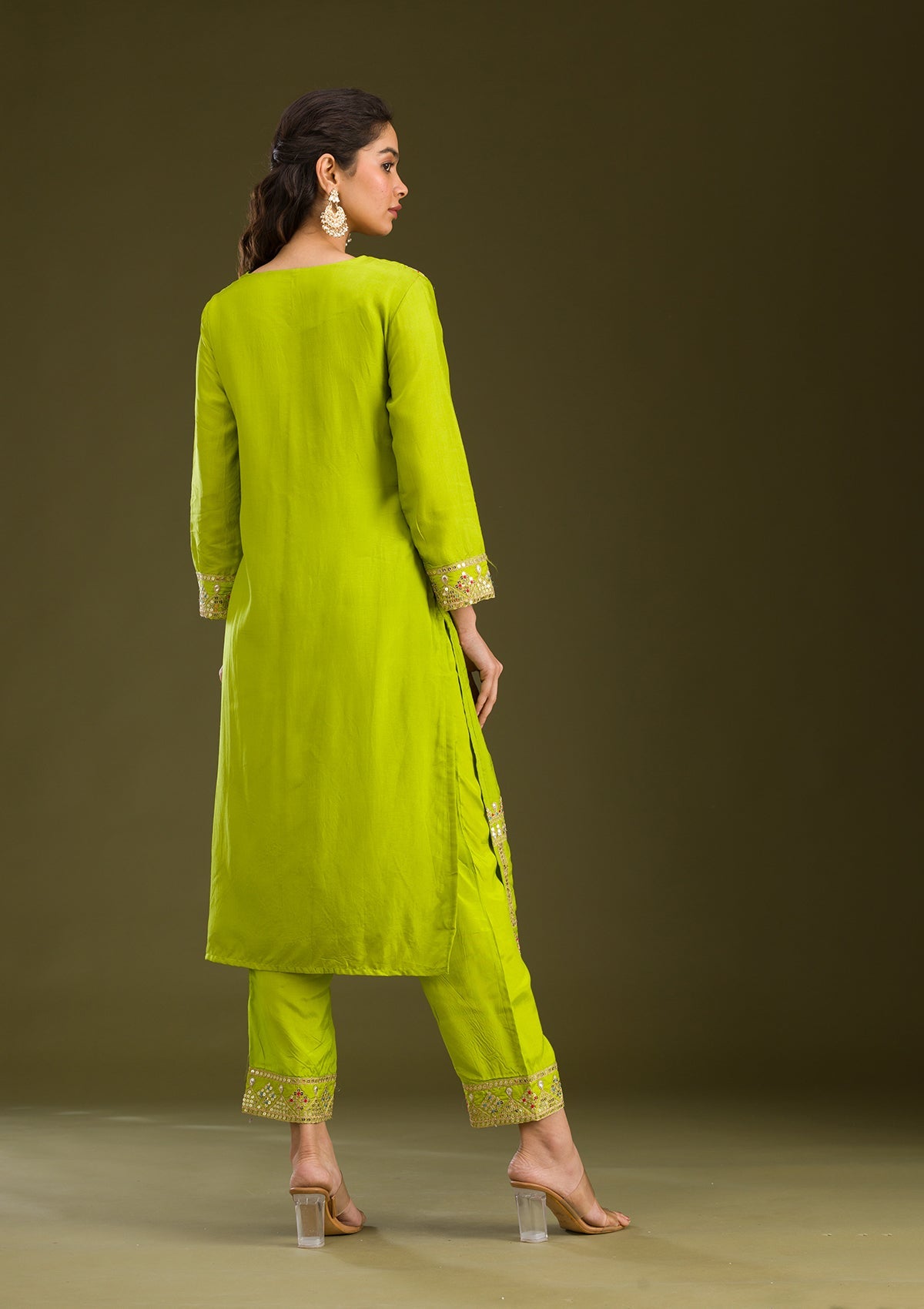 Leaf Green Zariwork Semi Crepe Readymade Salwar Suit