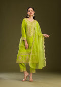Leaf Green Zariwork Semi Crepe Readymade Salwar Suit