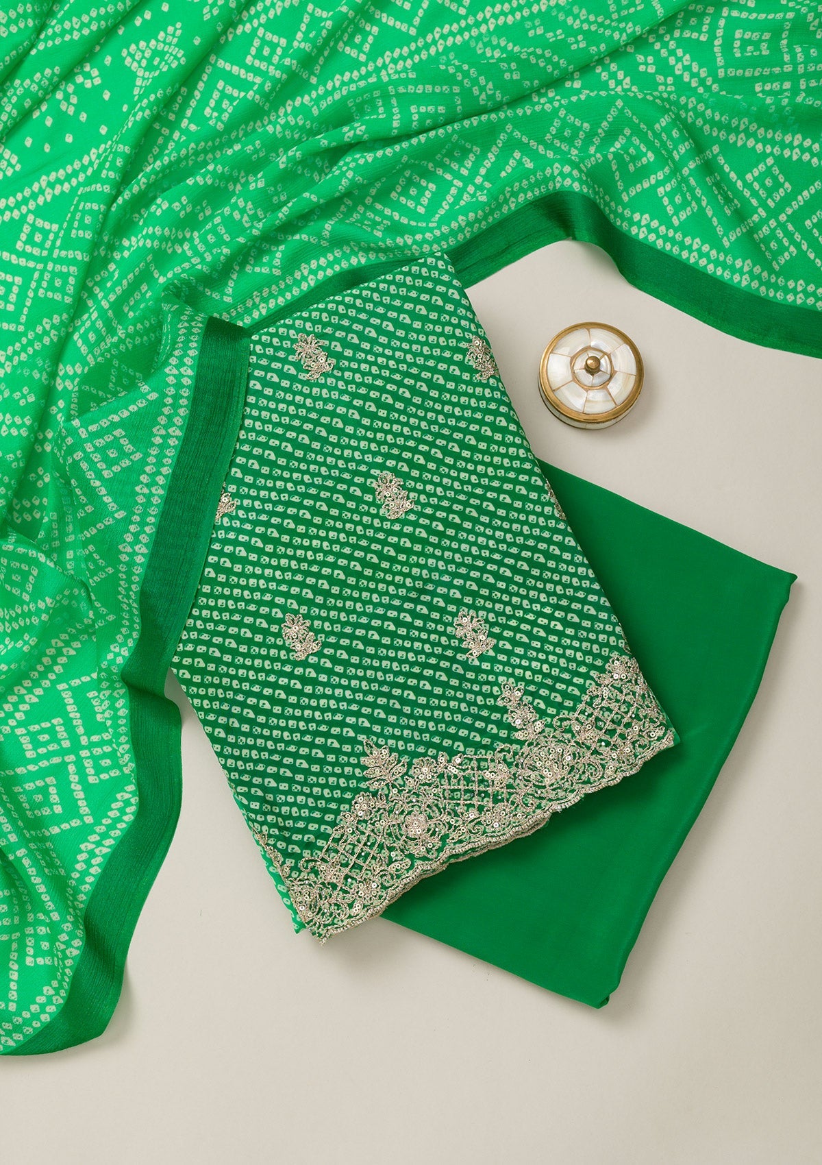 Leaf Green Zariwork Semi Crepe Unstitched Salwar Suit