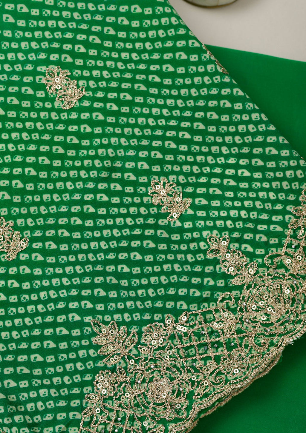 Leaf Green Zariwork Semi Crepe Unstitched Salwar Suit