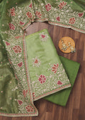 Leaf Green Zariwork Semi Crepe Unstitched Salwar Suit