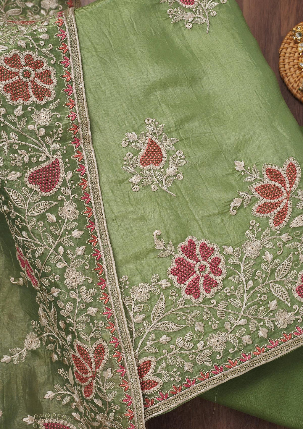 Leaf Green Zariwork Semi Crepe Unstitched Salwar Suit