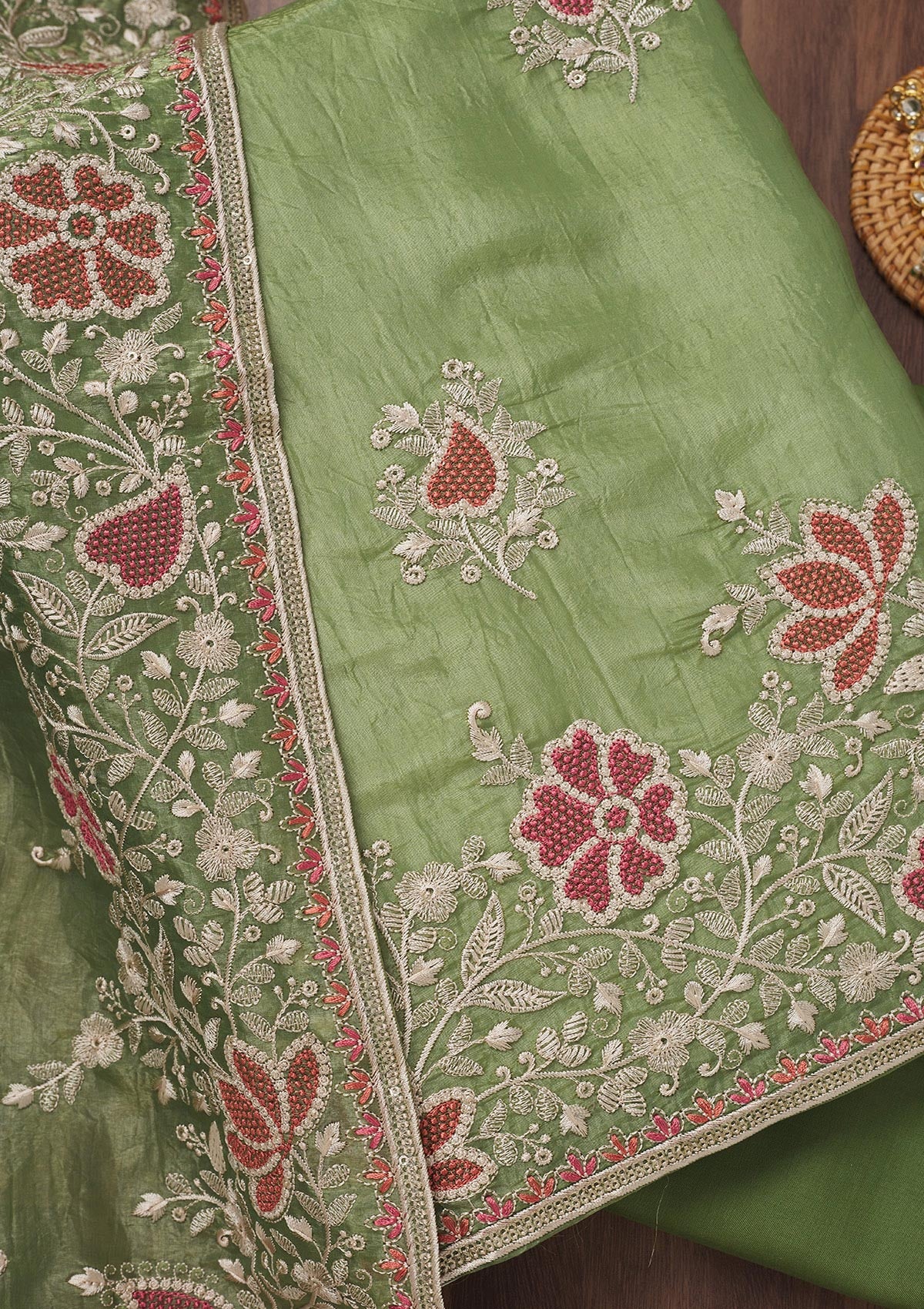 Leaf Green Zariwork Semi Crepe Unstitched Salwar Suit