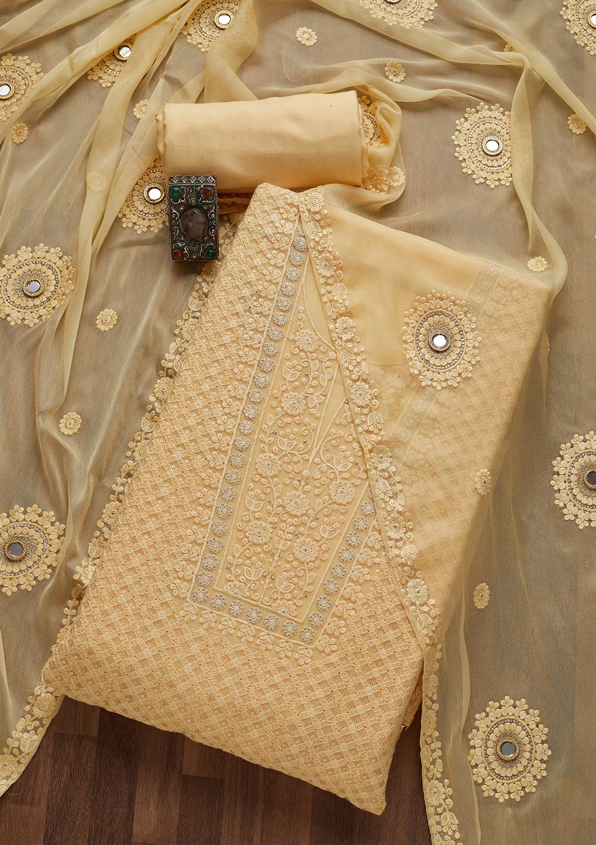 Lemon Yellow Threadwork Chiffon Unstitched Salwar Suit