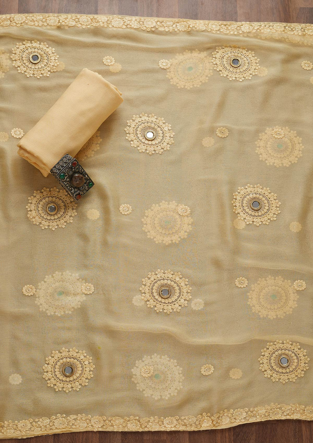 Lemon Yellow Threadwork Chiffon Unstitched Salwar Suit