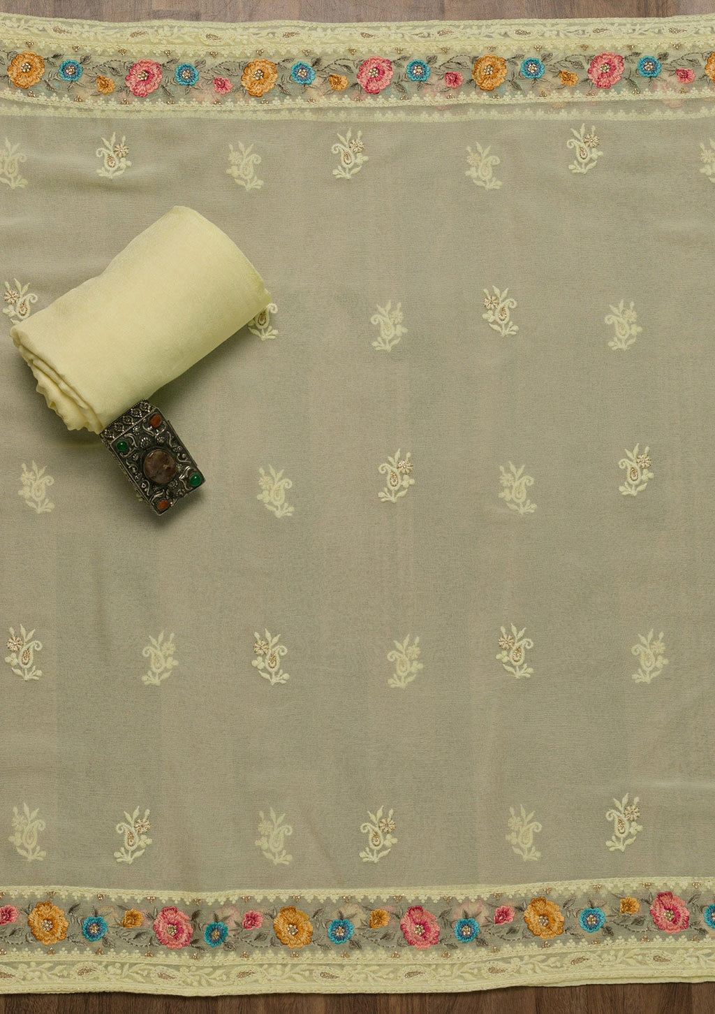 Lemon Yellow Threadwork Georgette Unstitched Salwar Suit