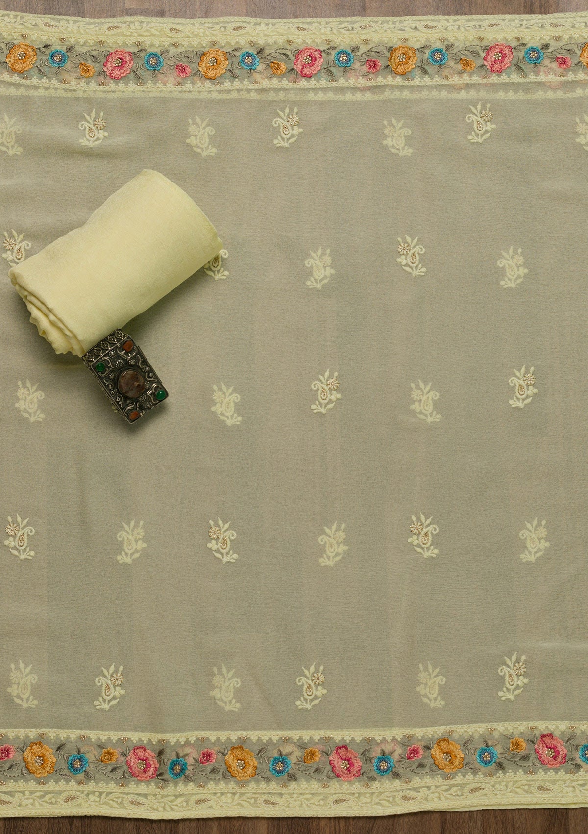 Lemon Yellow Threadwork Georgette Unstitched Salwar Suit