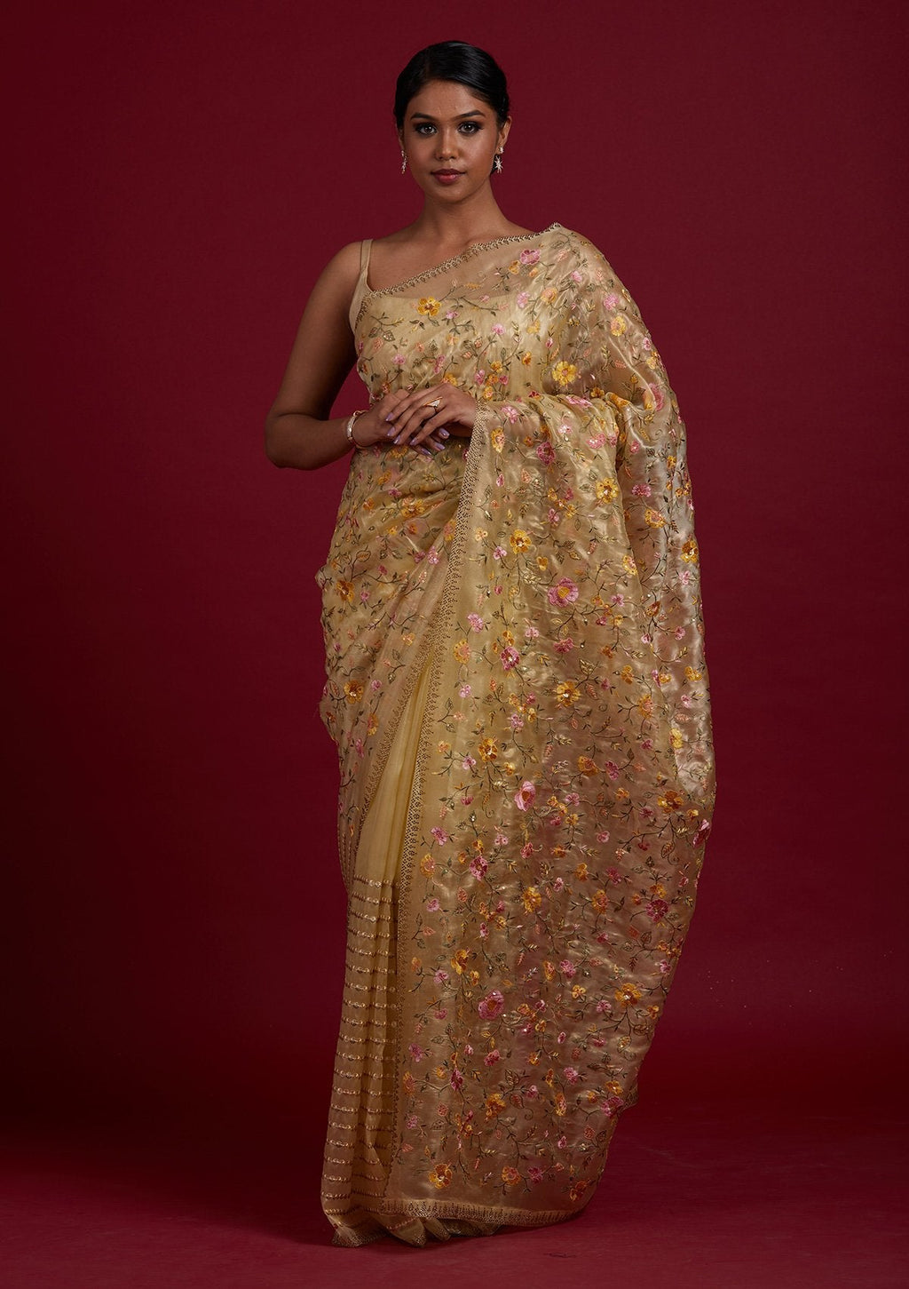 Lemon Yellow Threadwork Organza Designer Saree