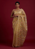 Lemon Yellow Threadwork Organza Designer Saree