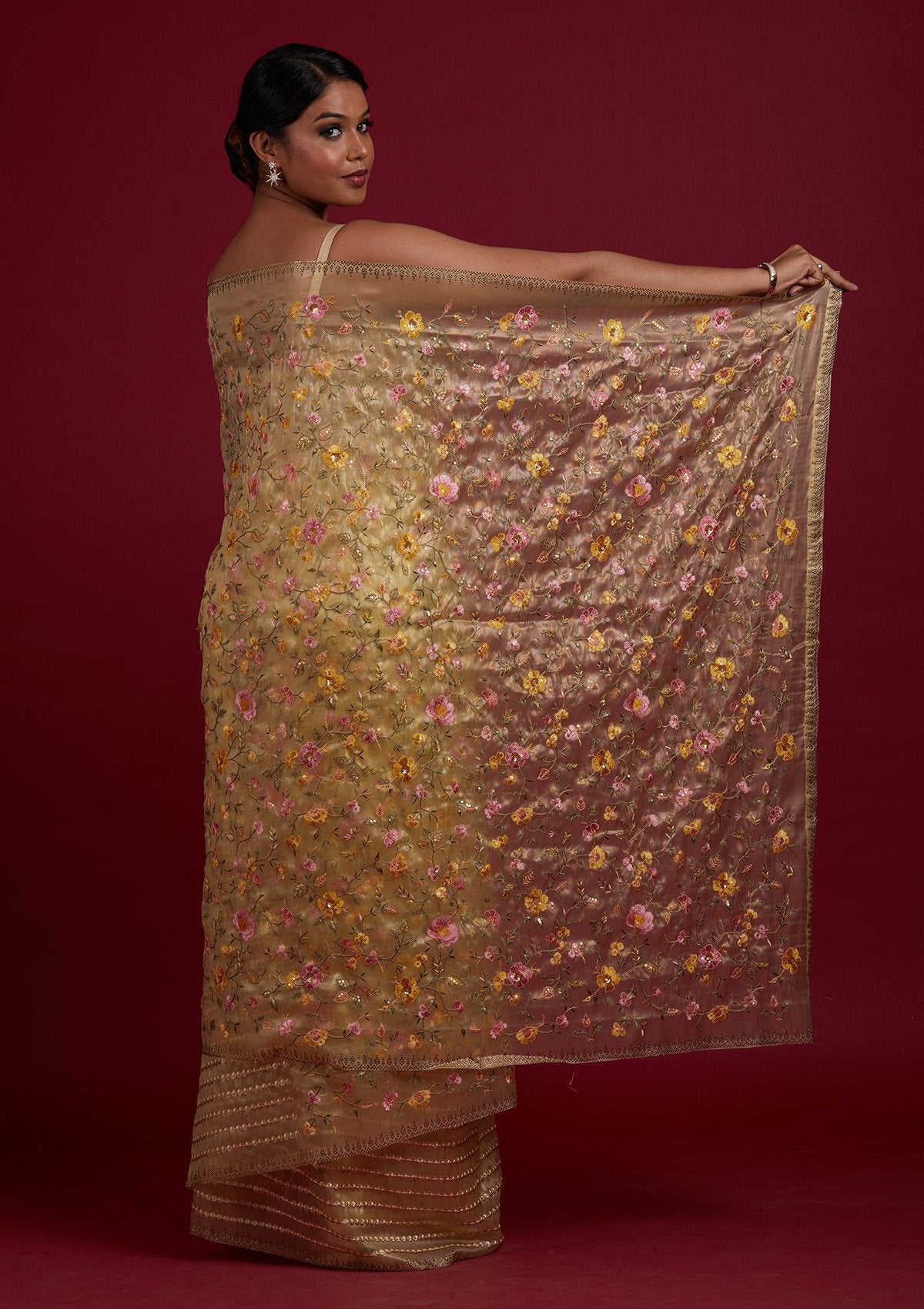 Lemon Yellow Threadwork Organza Designer Saree