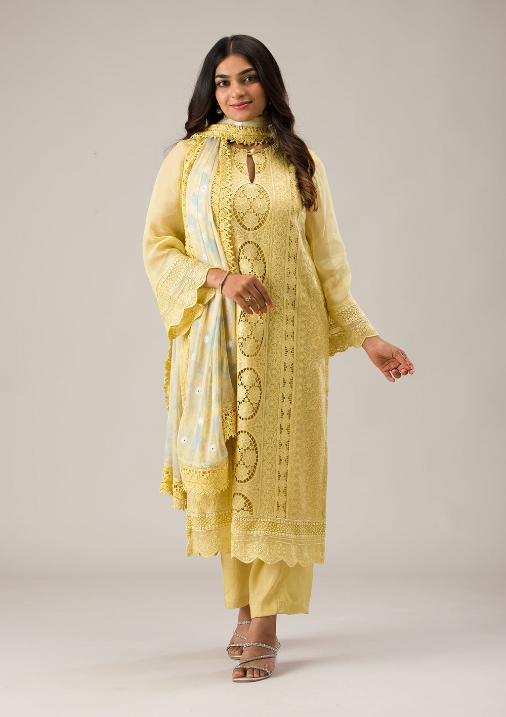 Lemon Yellow Cutwork Georgette Unstitched Salwar Suit