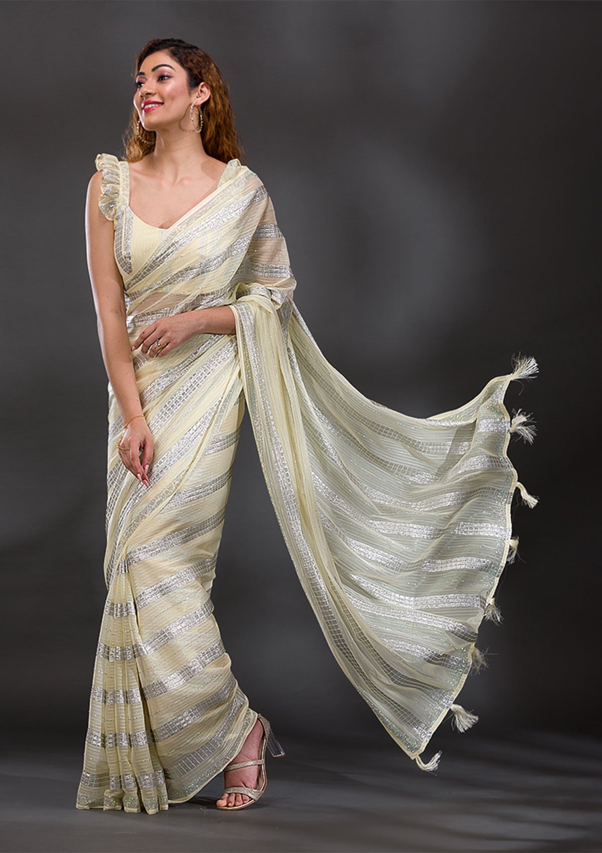 Lemon Yellow Mirrorwork Shimmer Georgette Saree