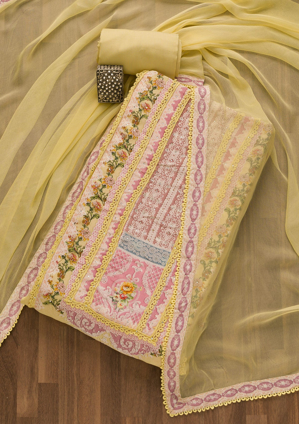 Lemon Yellow Printed Poly Cotton Unstitched Salwar Suit