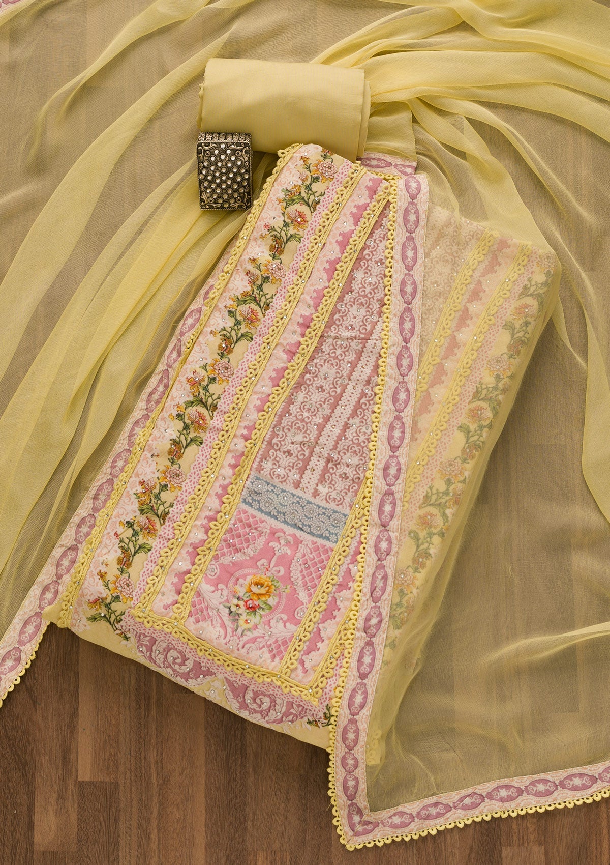 Lemon Yellow Printed Poly Cotton Unstitched Salwar Suit