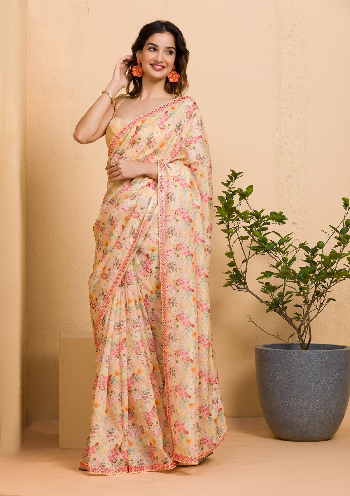 Lemon Yellow Mirrorwork Tissue Saree