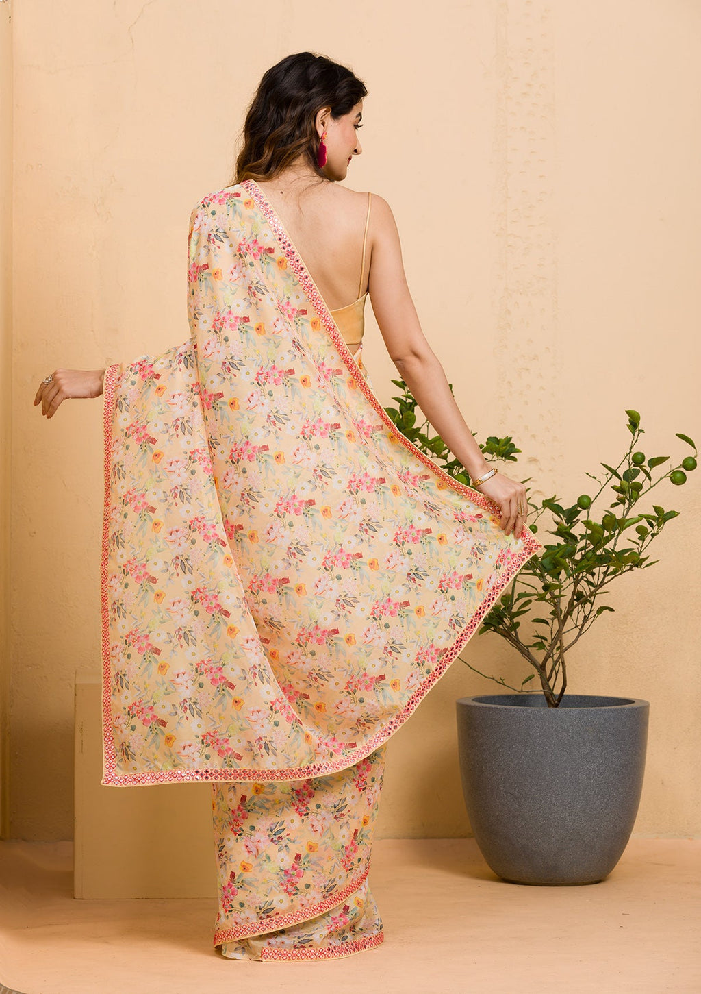 Lemon Yellow Mirrorwork Tissue Saree