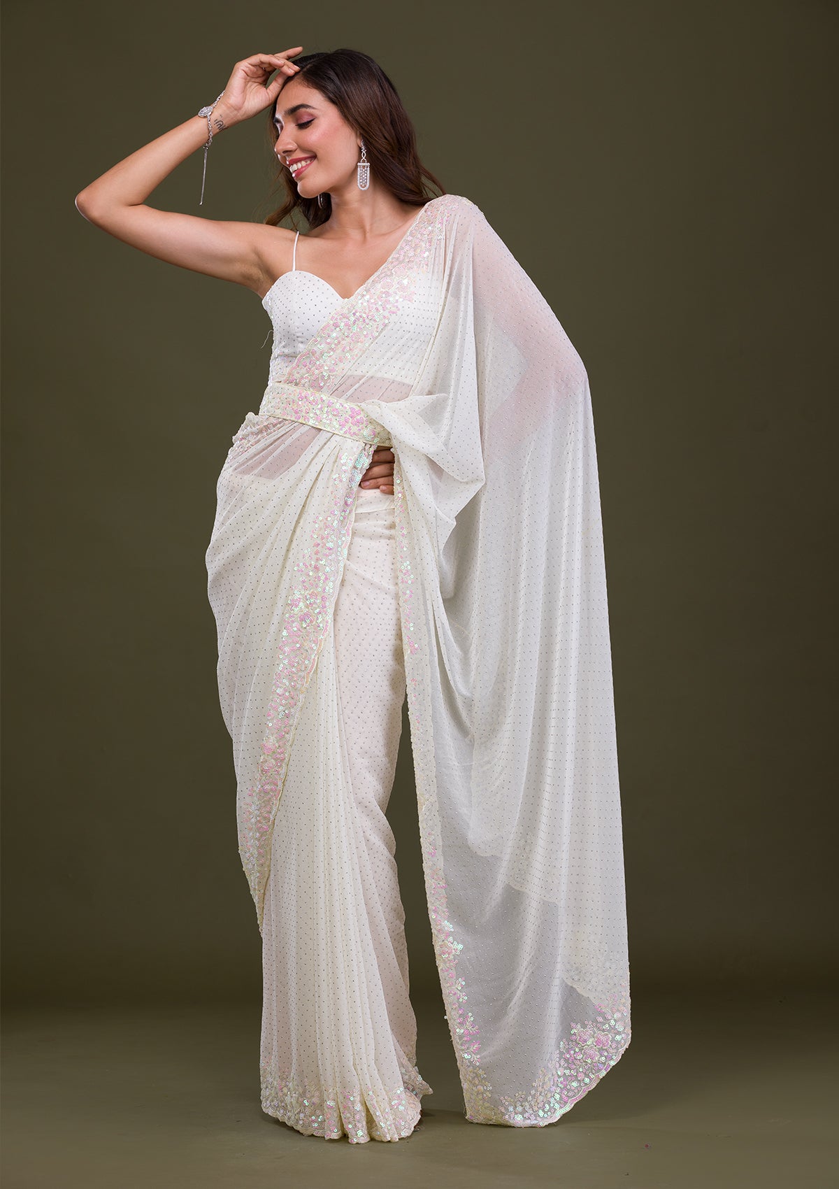 Off White Sequins Georgette Saree