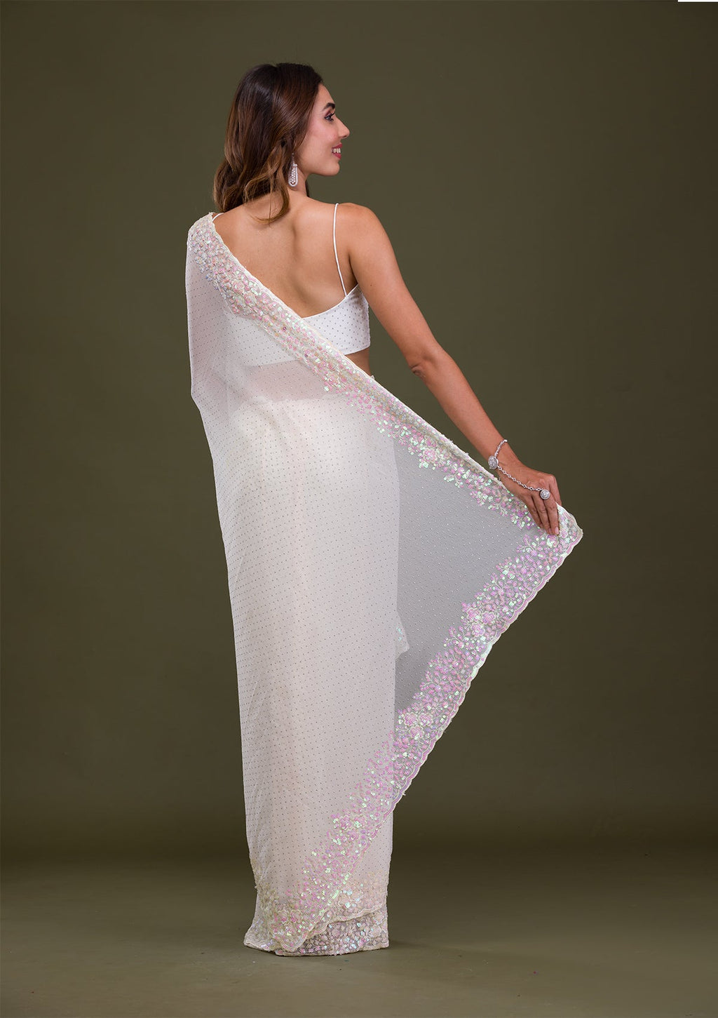 Off White Sequins Georgette Saree
