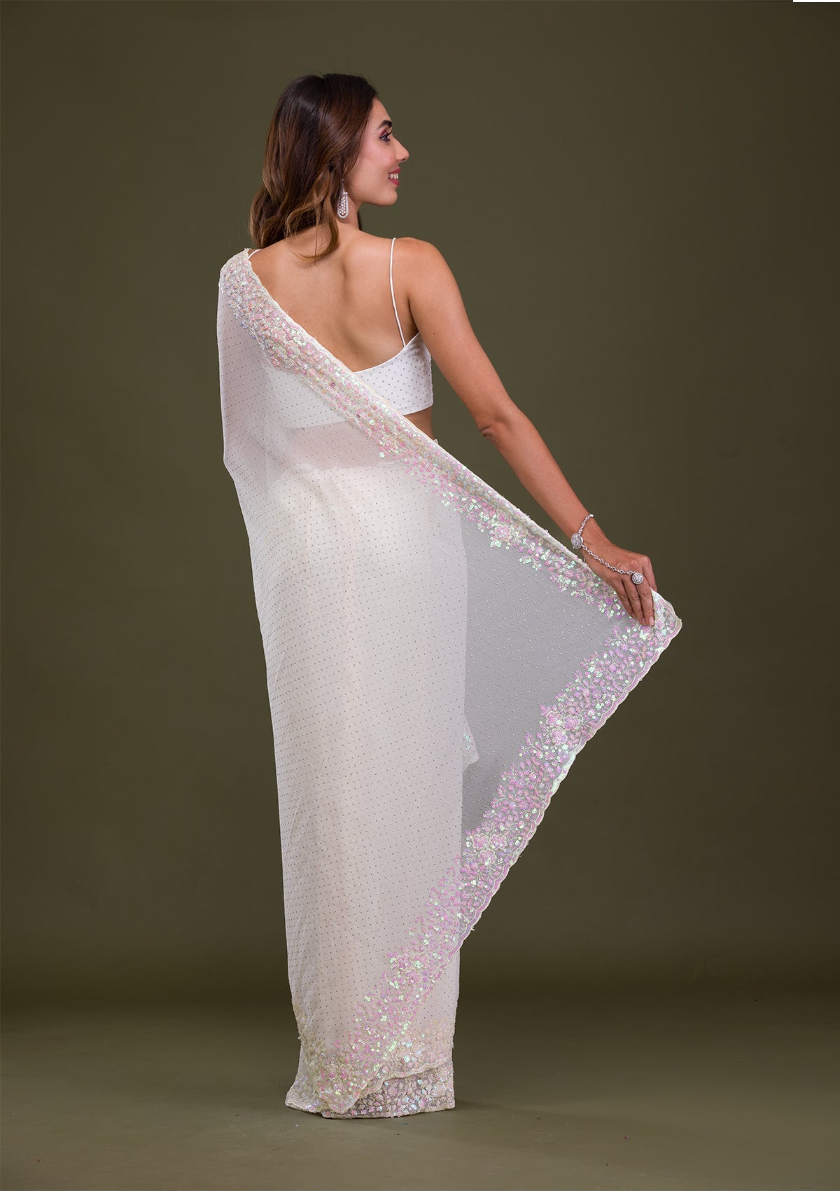 Off White Sequins Georgette Saree