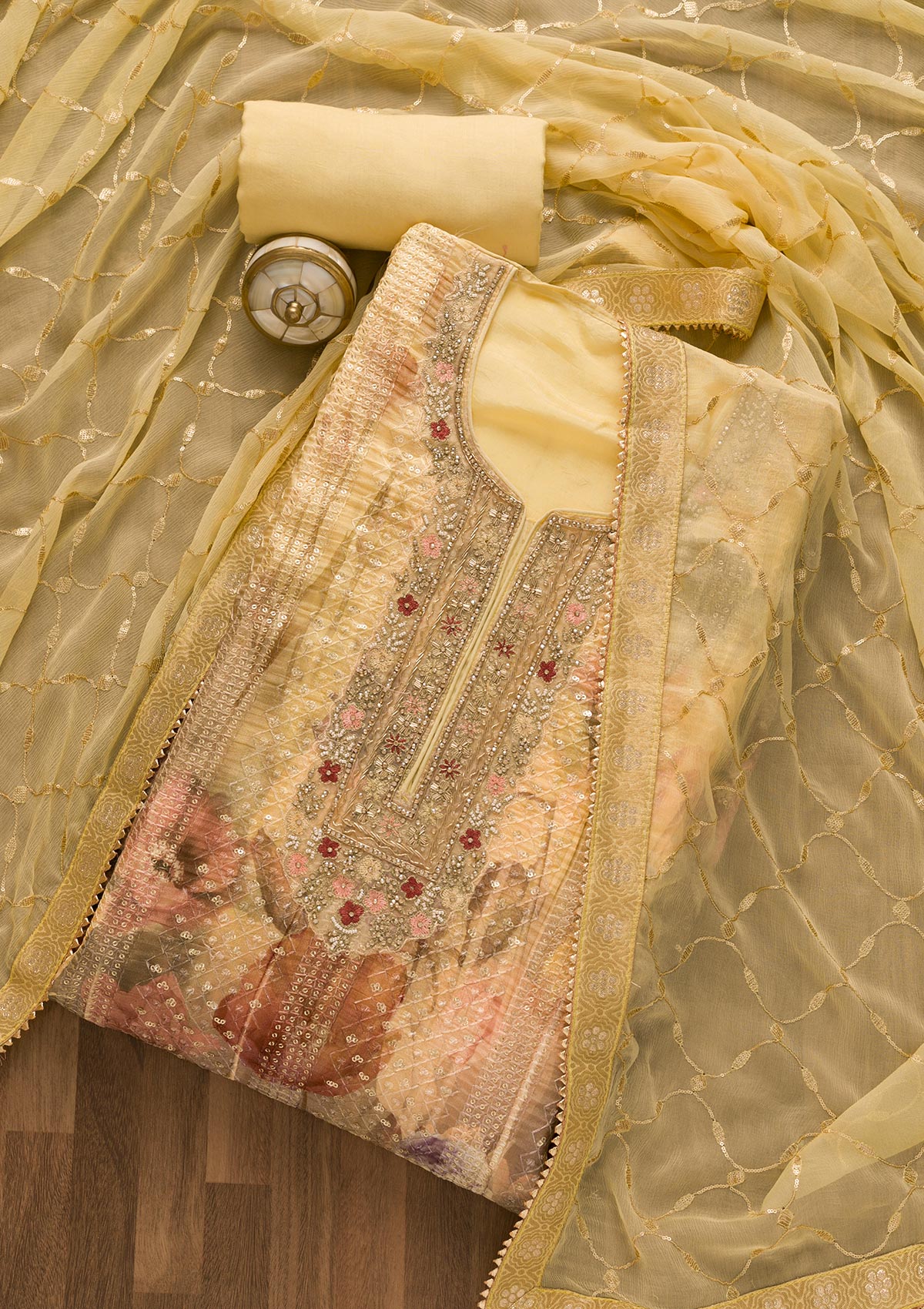 Lemon Yellow Sequins Georgette Unstitched Salwar Suit
