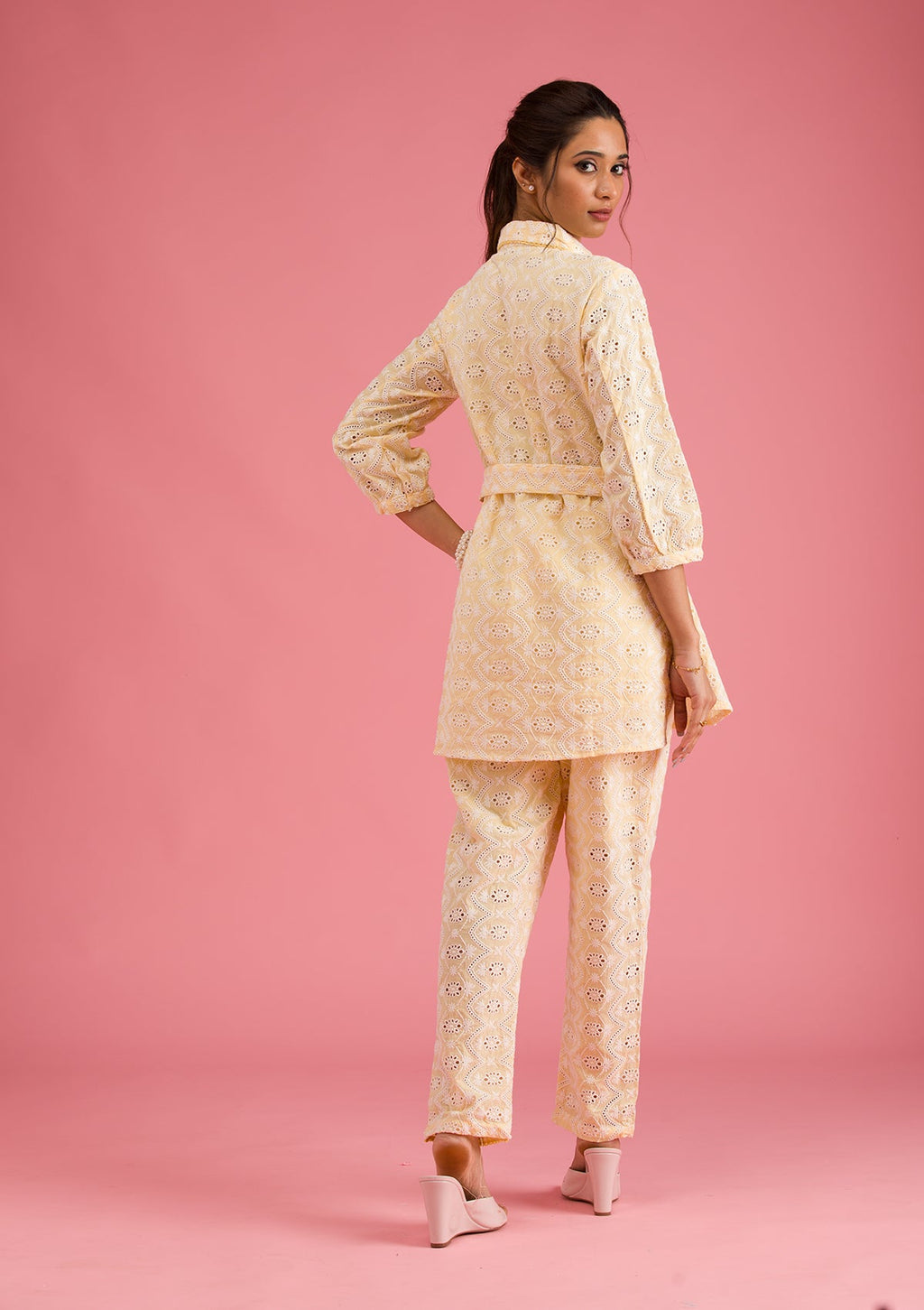 Lemon Yellow Threadwork Cotton Readymade Salwar Suit