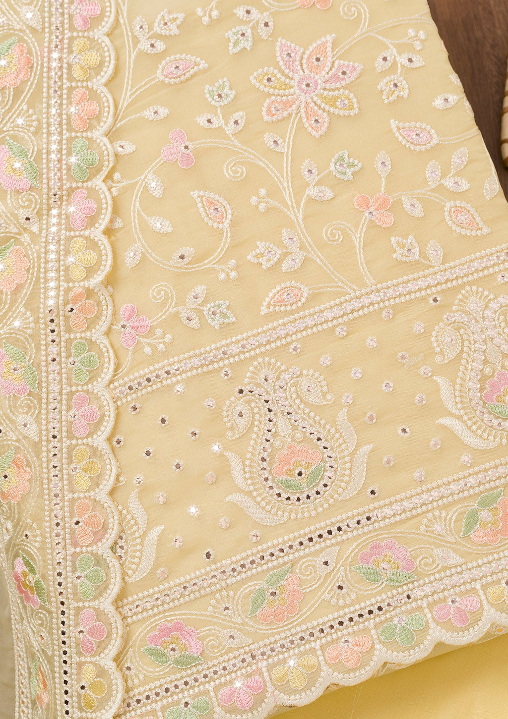 Lemon Yellow Threadwork Organza Unstitched Salwar Suit