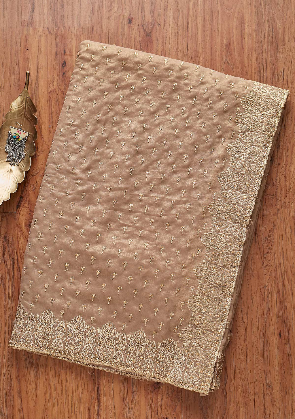 Light Brown Zariwork Shimmer Designer Saree