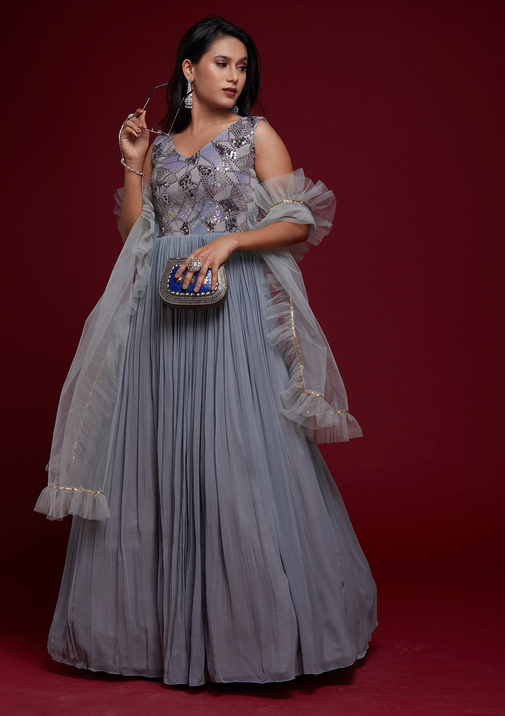 Light Grey Sequins Georgette Designer Gown