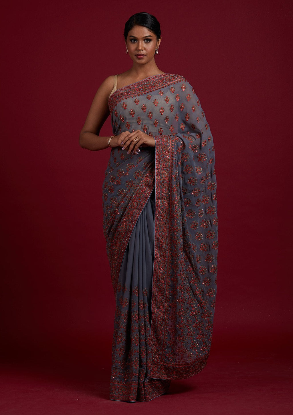 Light Grey Threadwork Georgette Designer Saree