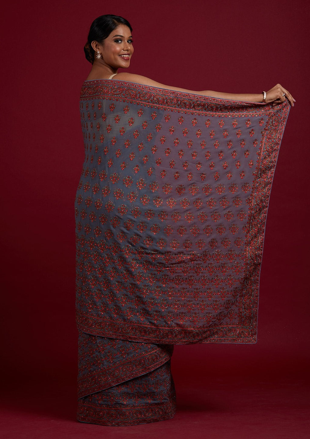 Light Grey Threadwork Georgette Designer Saree