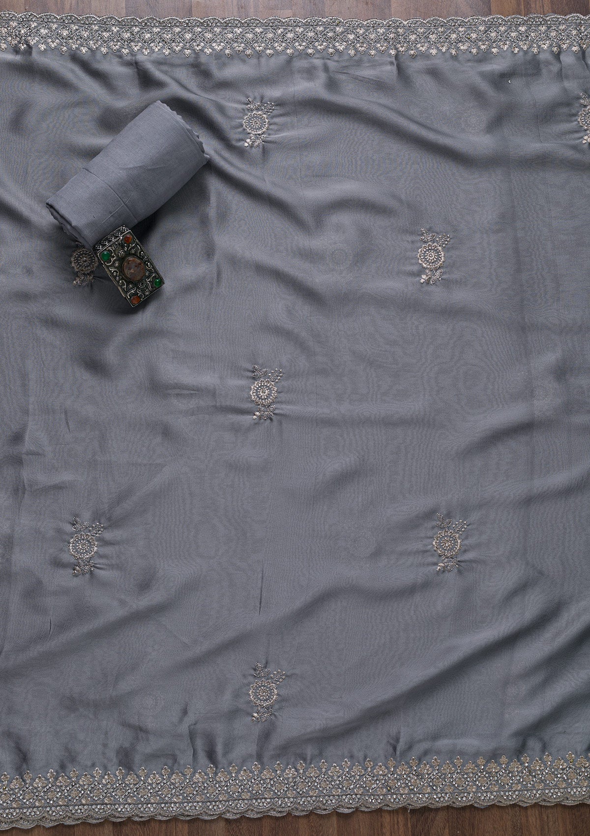 Light Grey Zariwork Art Silk Unstitched Salwar Suit