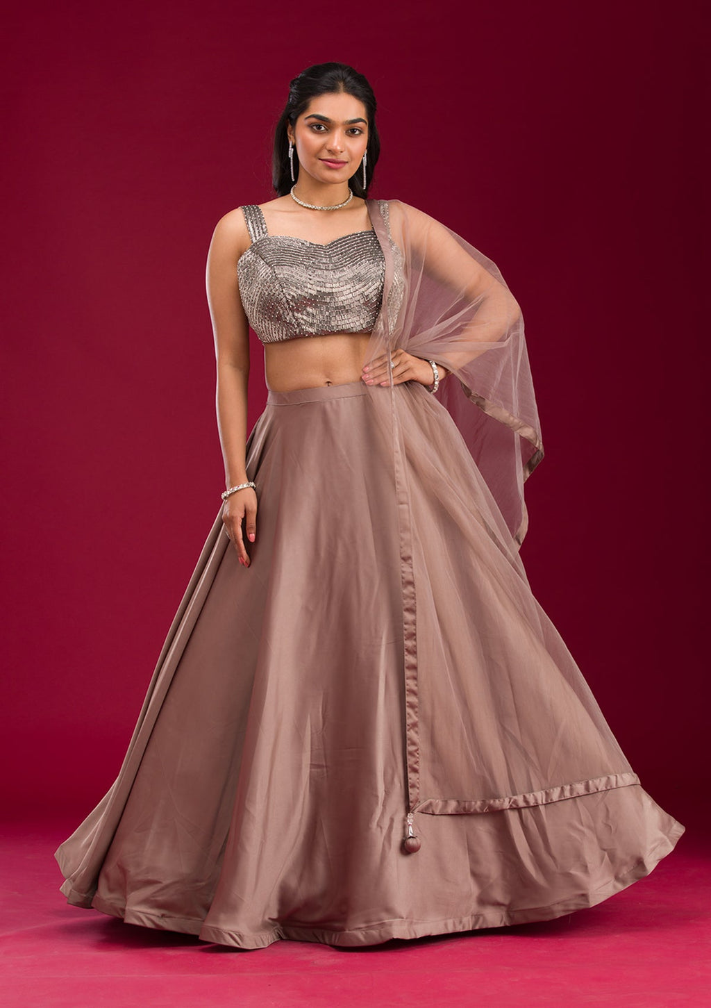 Light Brown Cutdana Satin Readymade Lehenga