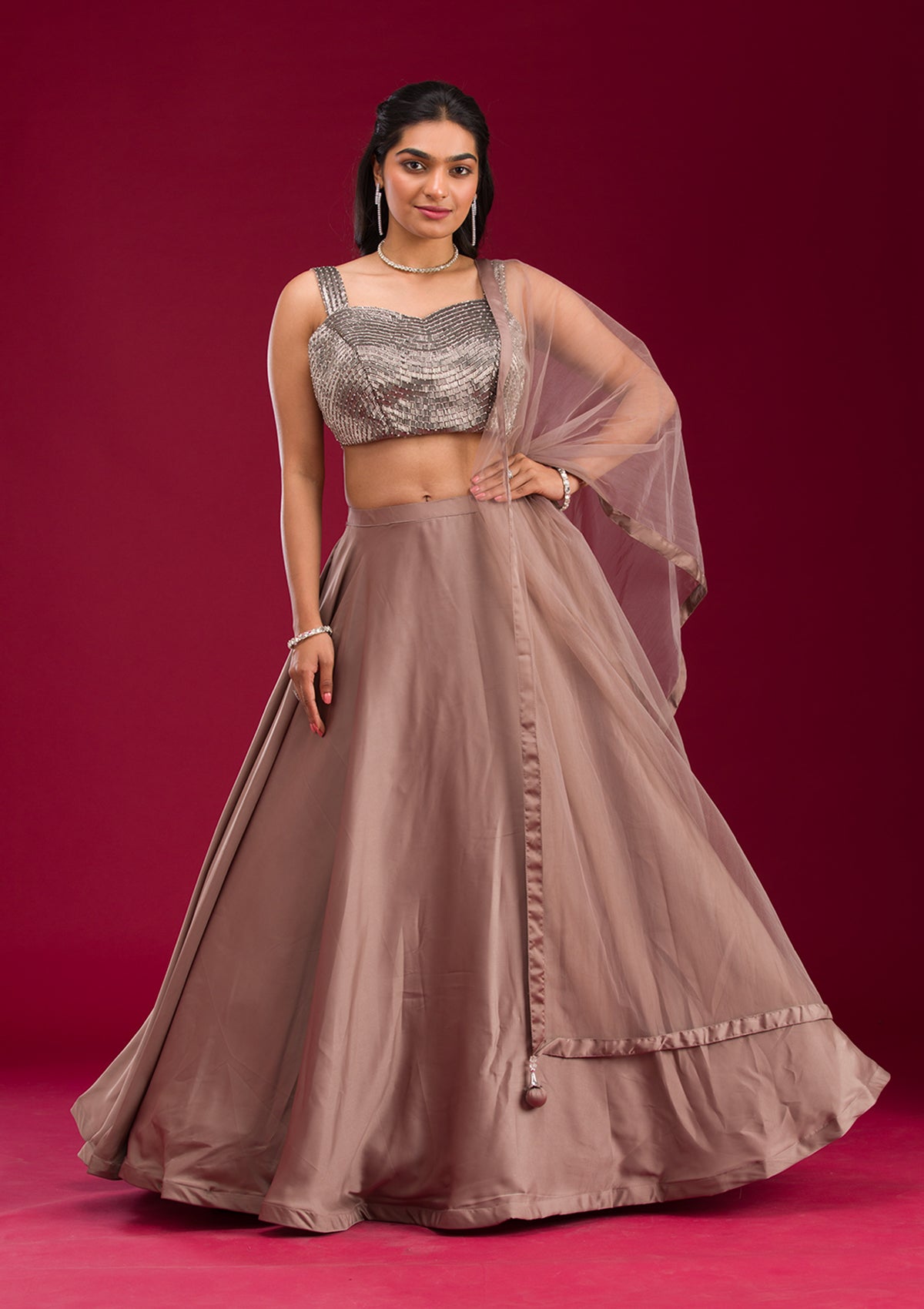 Light Brown Cutdana Satin Readymade Lehenga