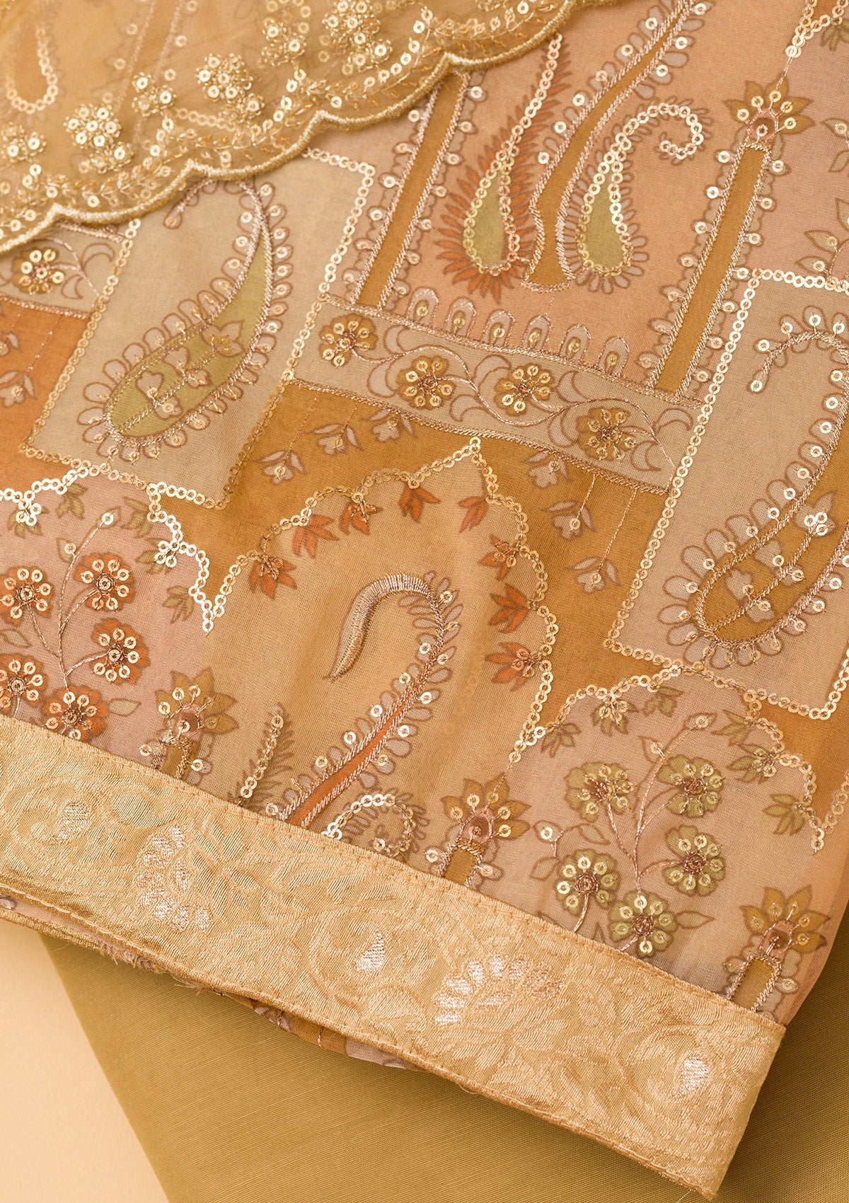 Light Brown Sequins Organza Unstitched Salwar Suit
