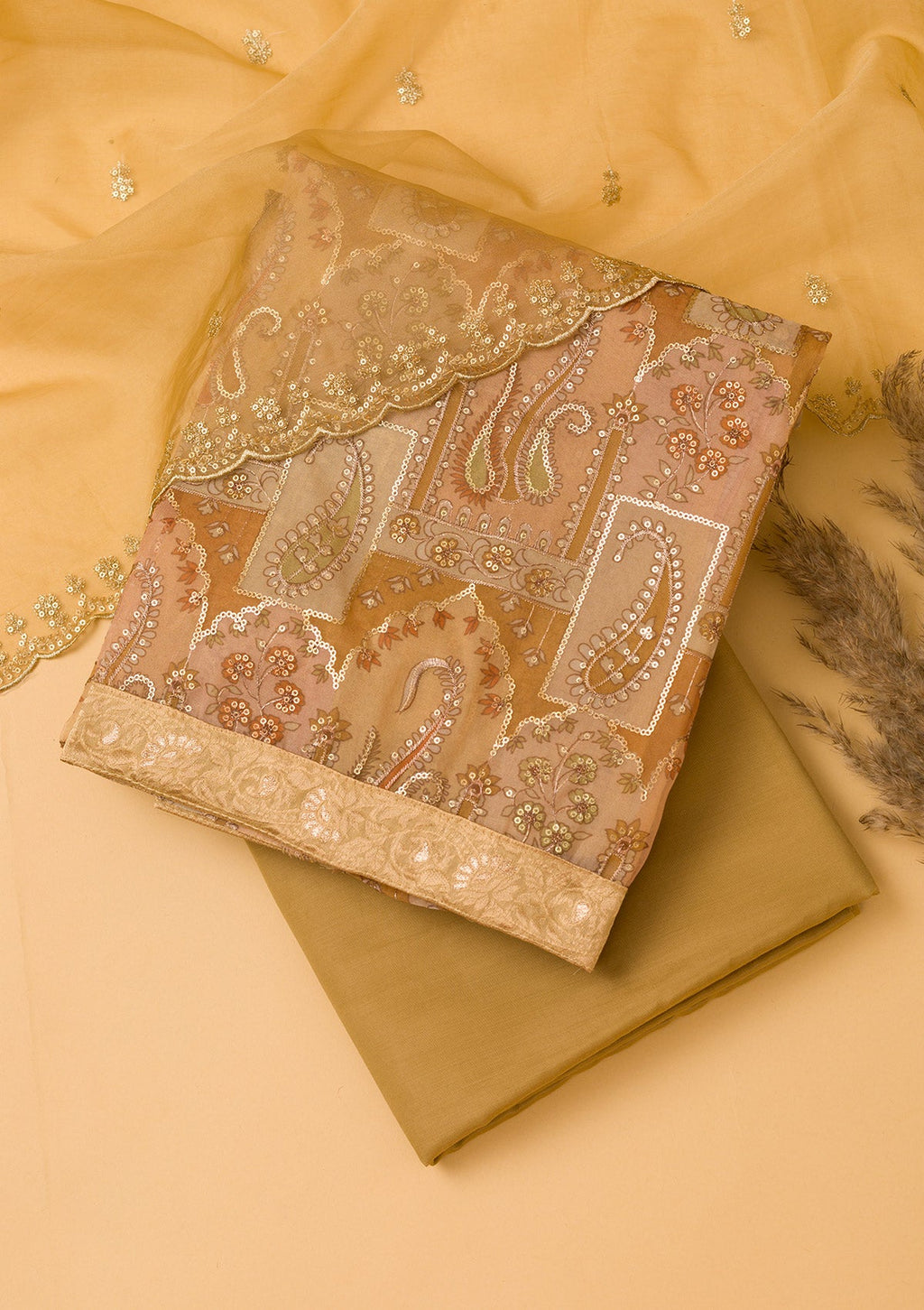 Light Brown Sequins Organza Unstitched Salwar Suit