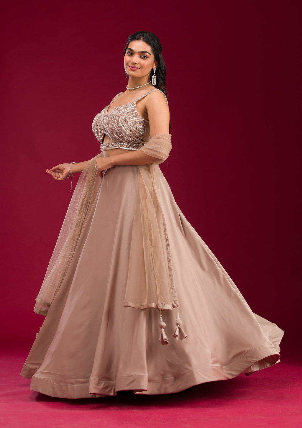 Light Brown Stonework Semi Crepe Readymade Lehenga