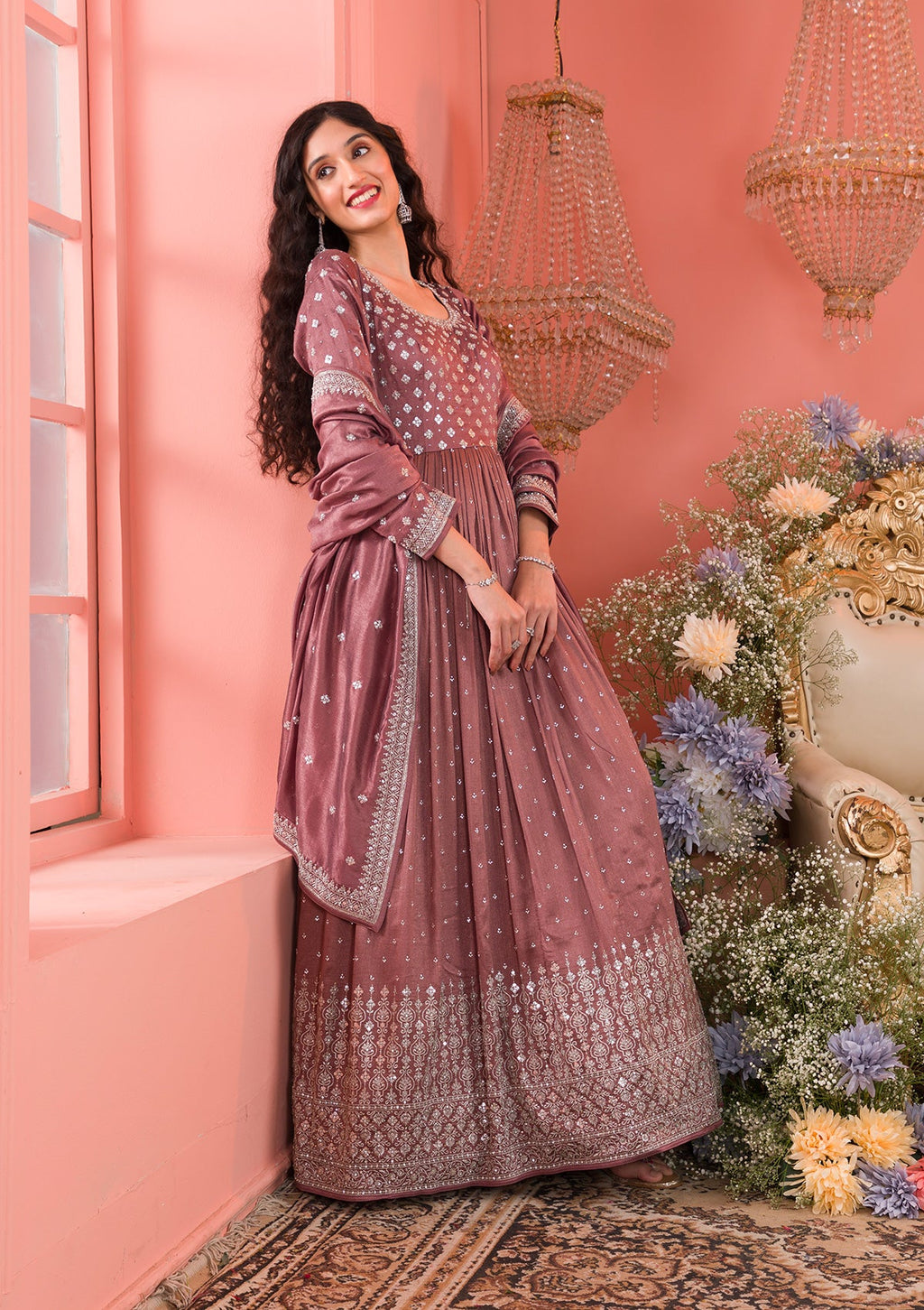 Light Brown Zariwork Georgette Readymade Anarkali Suit