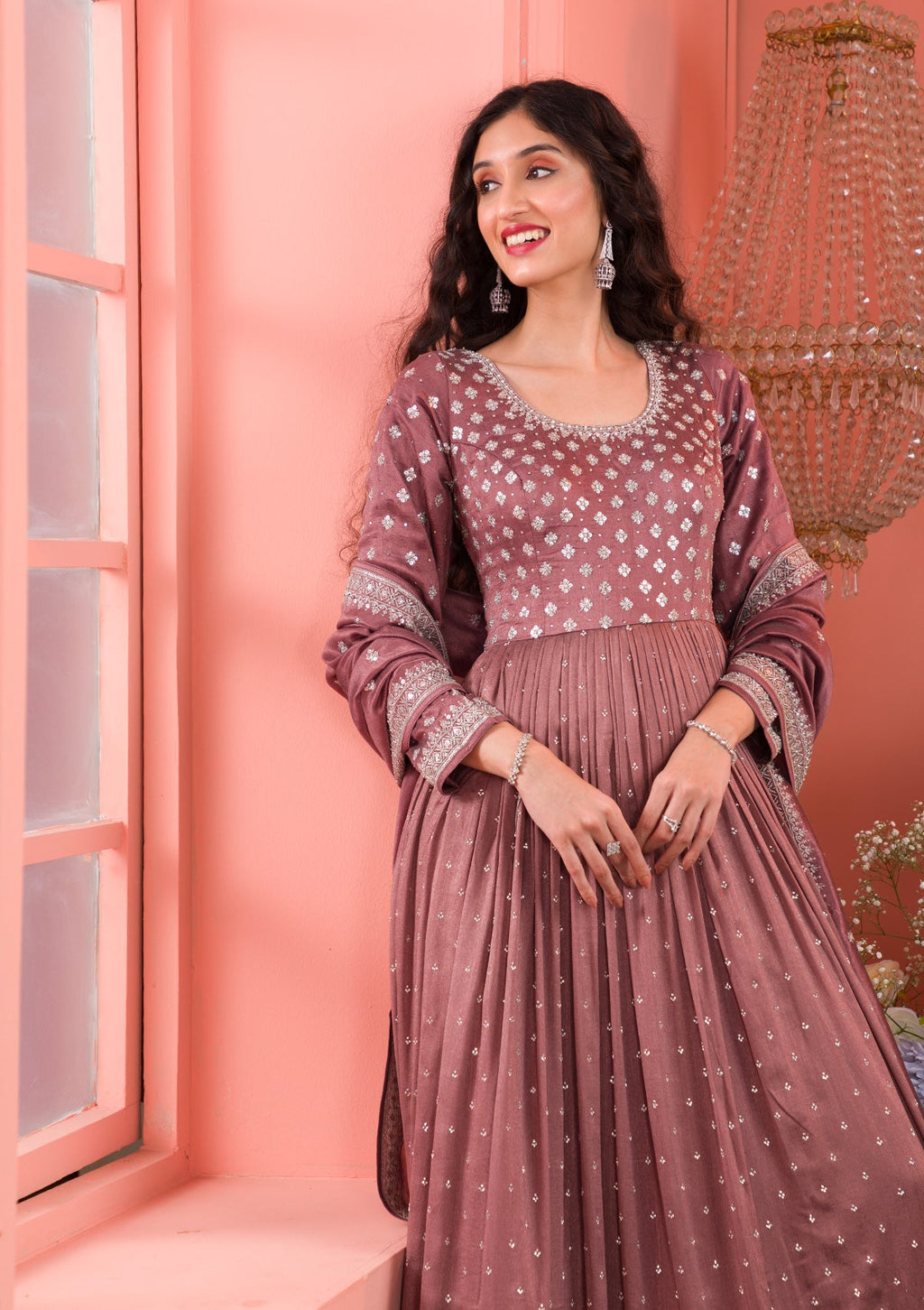 Light Brown Zariwork Georgette Readymade Anarkali Suit