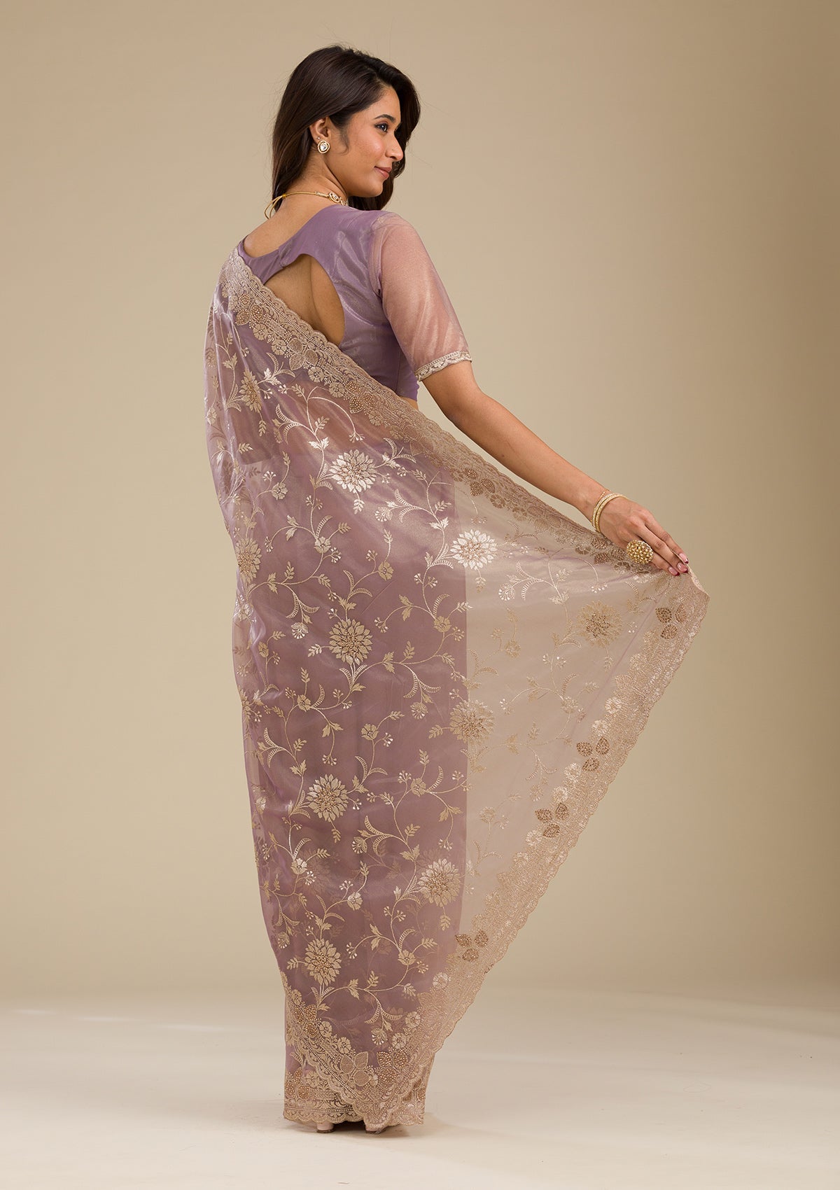 Light Brown Zariwork Tissue Saree