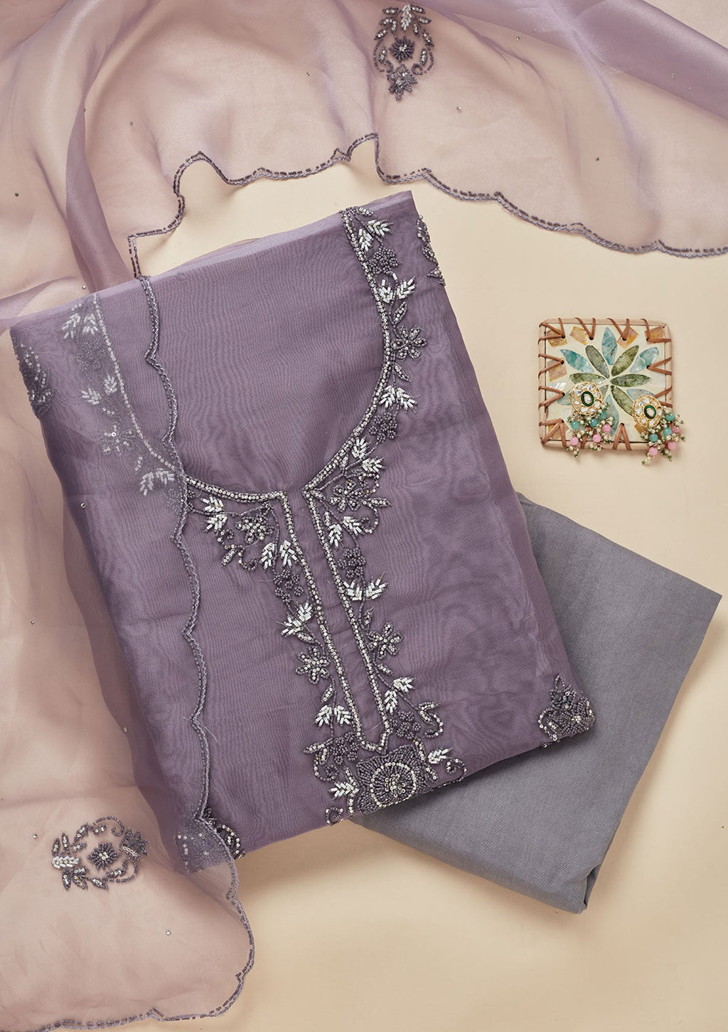 Light Grey Cutdana Georgette Unstitched Salwar Suit