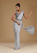 Light Grey Pearlwork Satin Readymade Saree