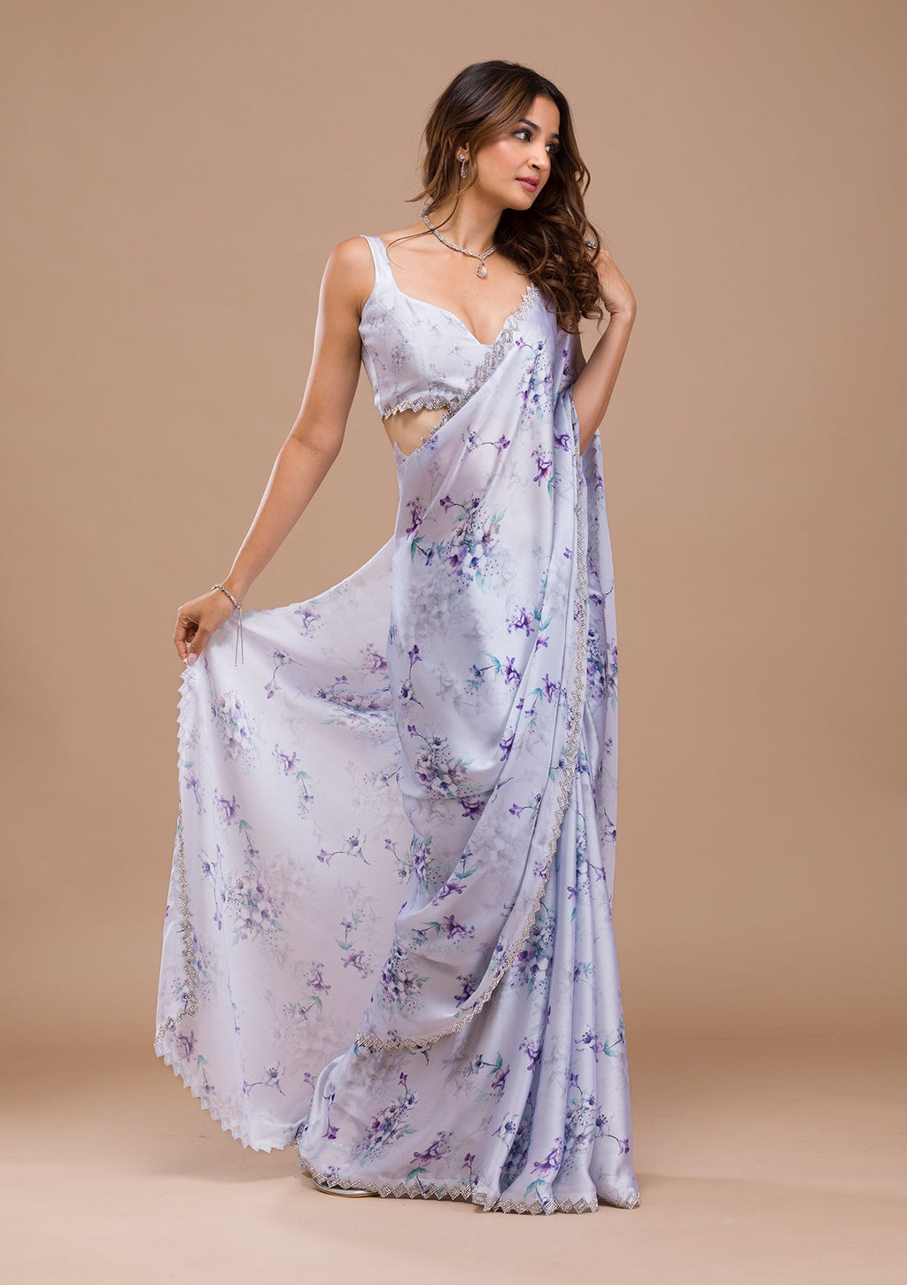 Light Grey Stonework (Silver) Semi Crepe Saree