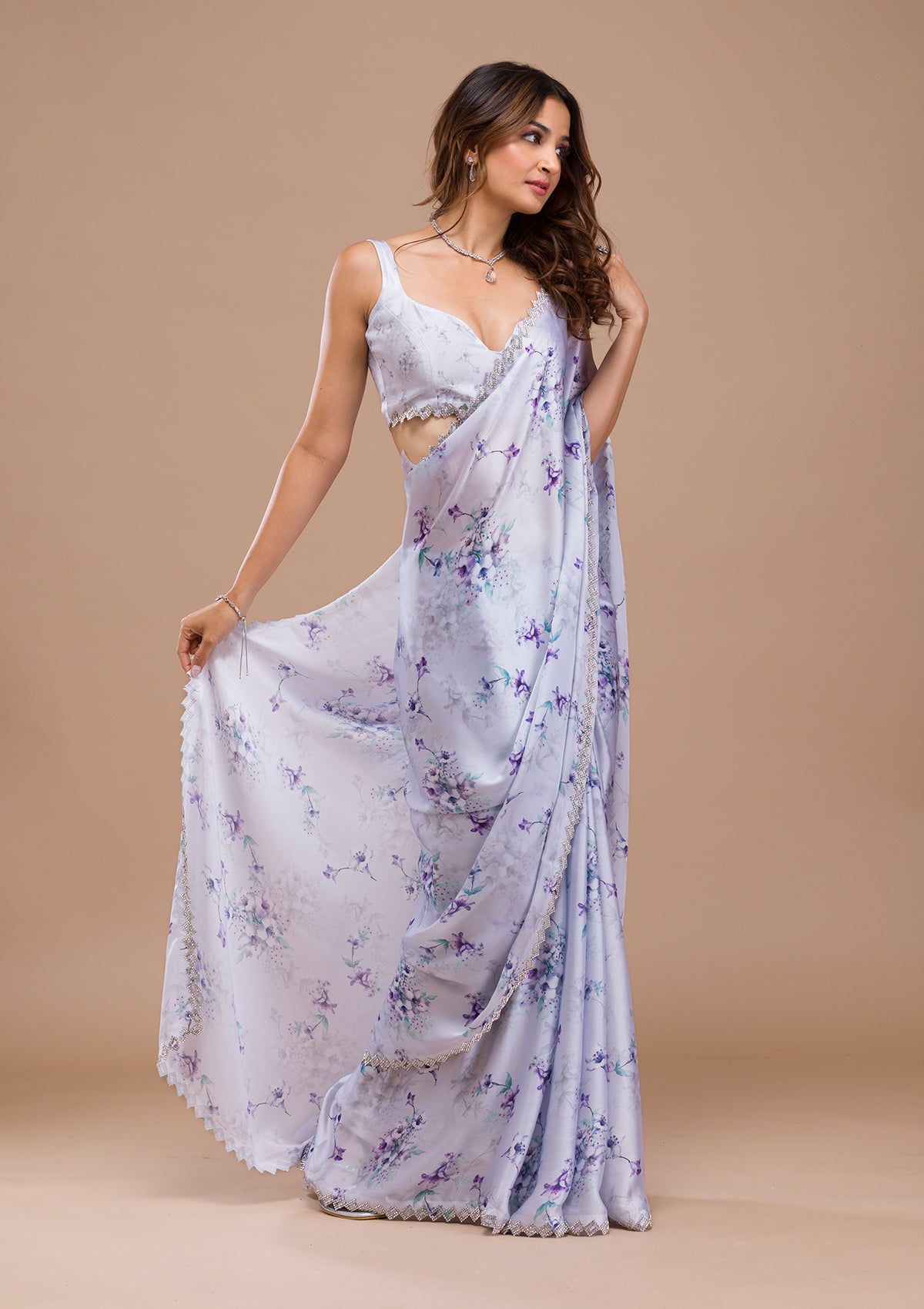 Light Grey Stonework (Silver) Semi Crepe Saree