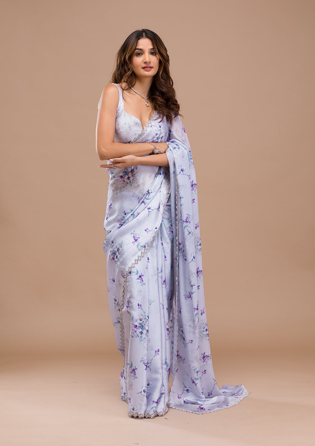 Light Grey Stonework (Silver) Semi Crepe Saree