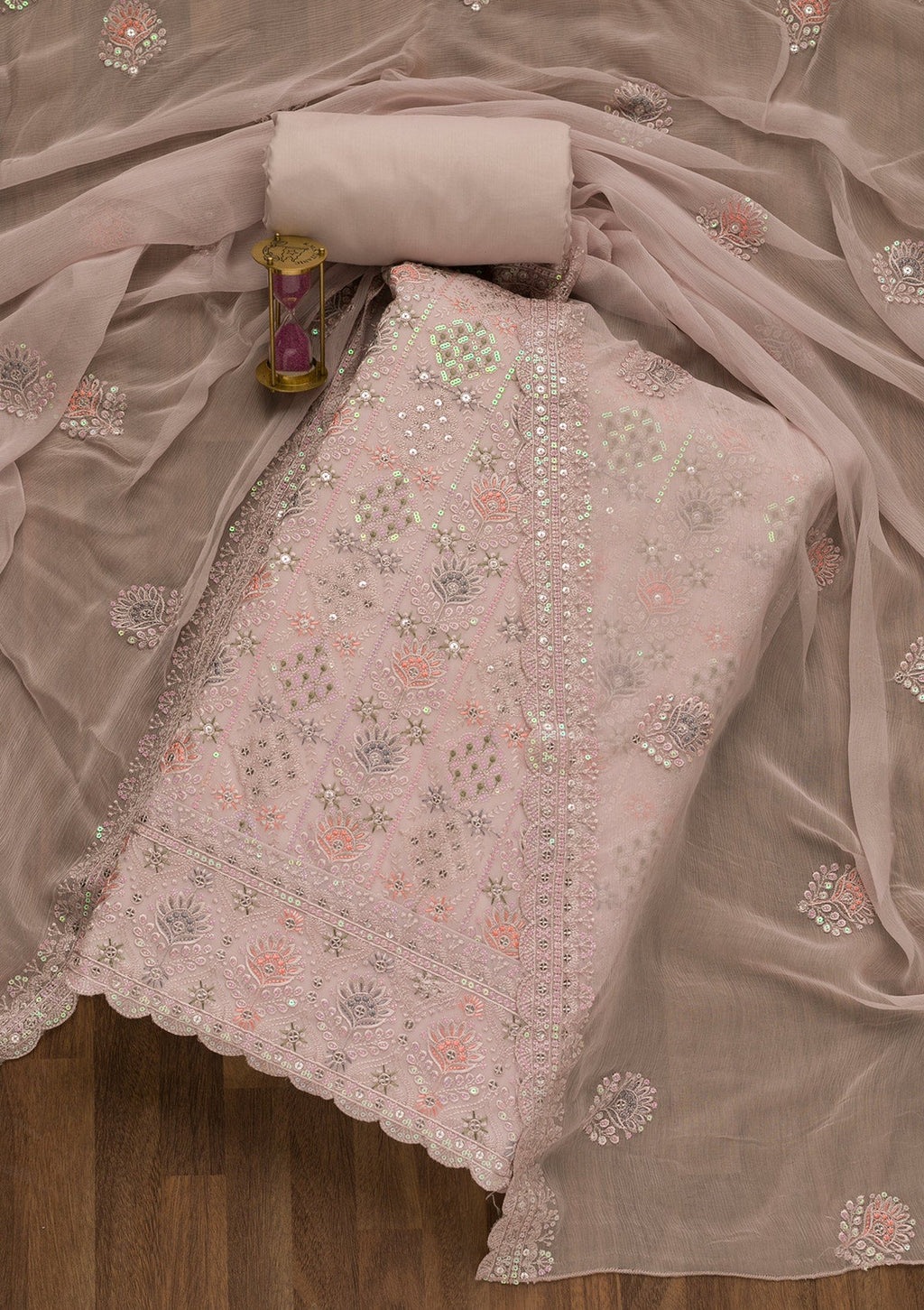 Mauve Threadwork Georgette Unstitched Salwar Suit