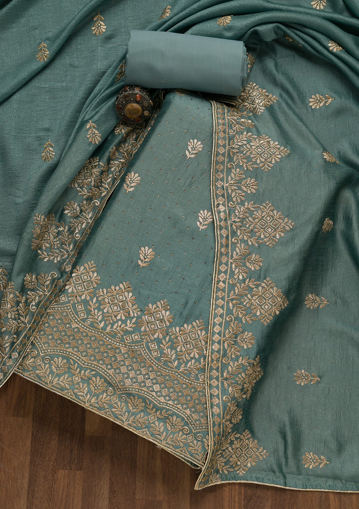 Teal Green Zariwork Art Silk Unstitched Salwar Suit