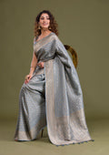 Light Grey Stonework Satin Silk Saree